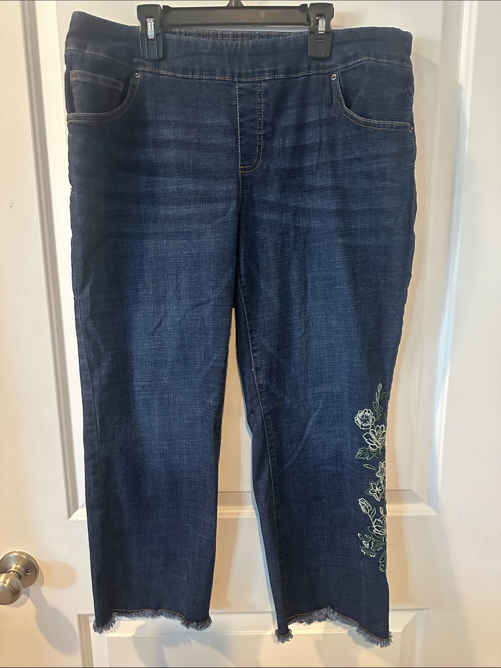 The Pioneer Woman Navy Blue Cropped Jeans with Side Floral Embroidery